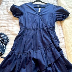 Madewell, NWT, size 14 blue cotton faux wrap dress with ruffles